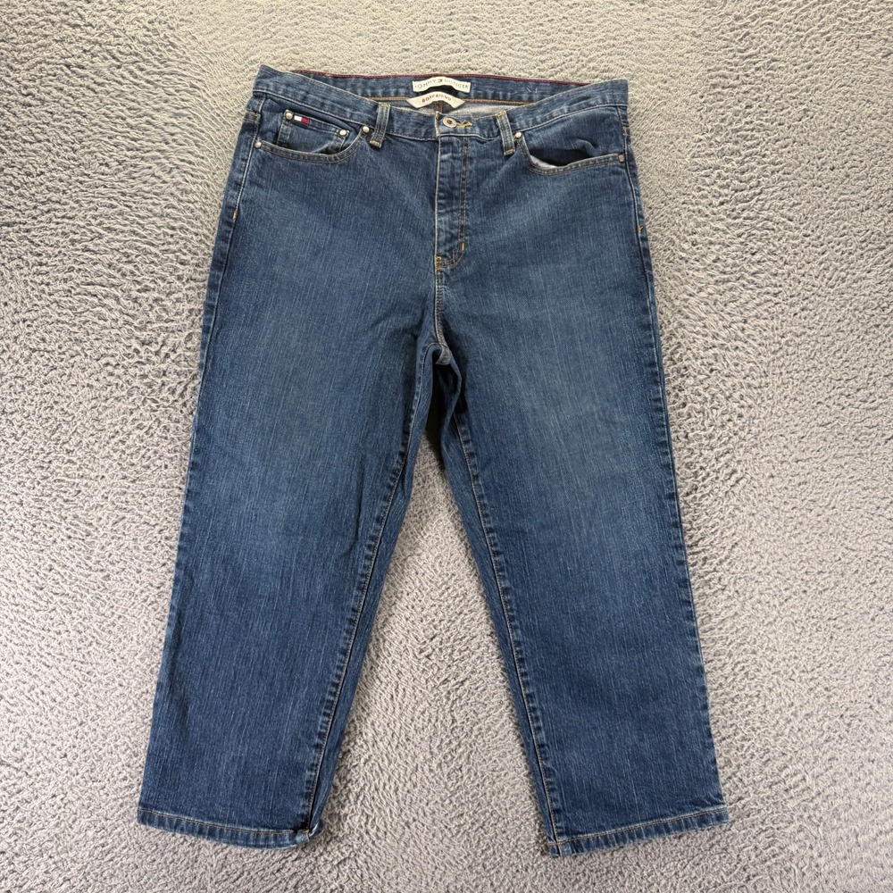 Tommy Hilfiger Jeans Women 14 Blue Cotton Denim Boyfriend Straight Faded Stretch